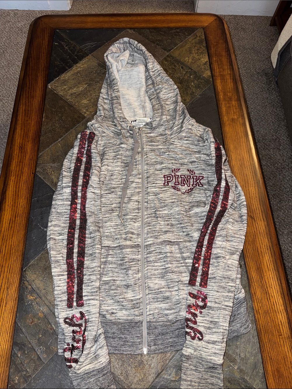 PINK Victoria's Secret Gray Heather Zip Hoodie with Pink Sequin Stripe Accents
